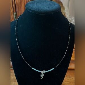 Black spinel, aqua, pink tourmaline and rose quartz beads. Sterling silver.